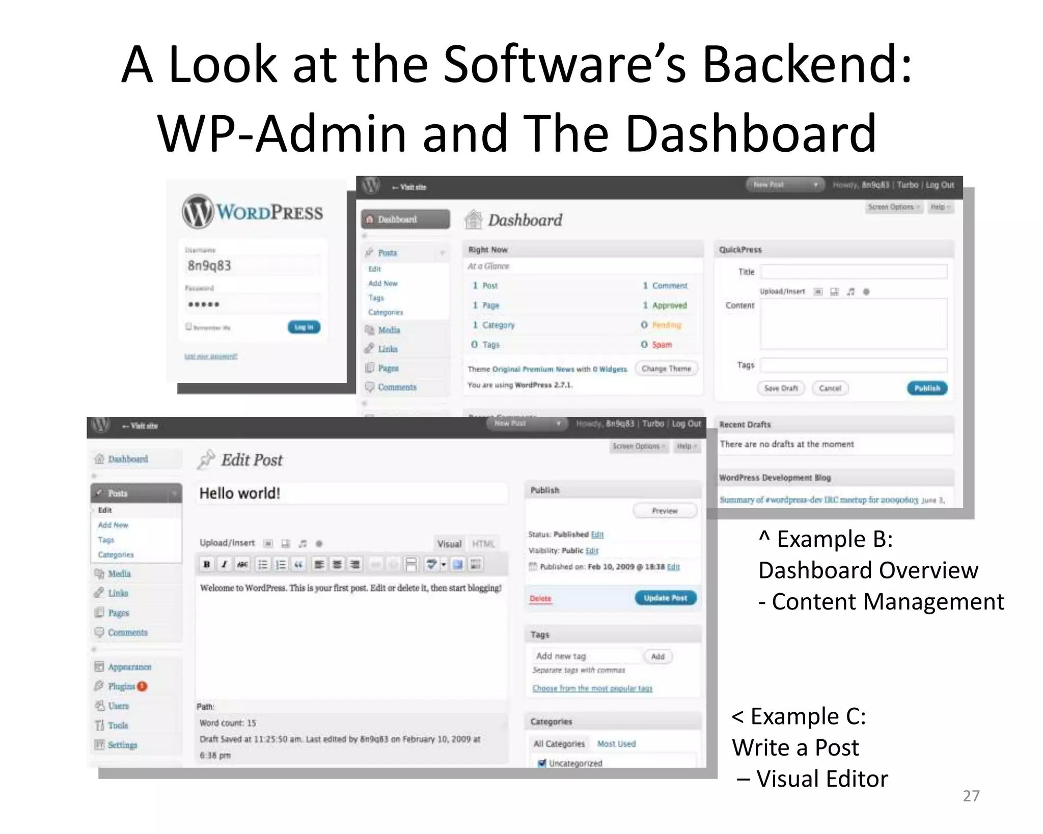 A Look at the Software’s Backend:
WP-Admin and The Dashboard
27
^ Example B:
Dashboard Overview
- Content Management
< Example C:
Write a Post
– Visual Editor
 