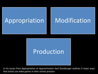 In his essay  From Appropriation to Approximation  Axel Stockburger outlines 3 major ways that artists use video games in their artistic practice 