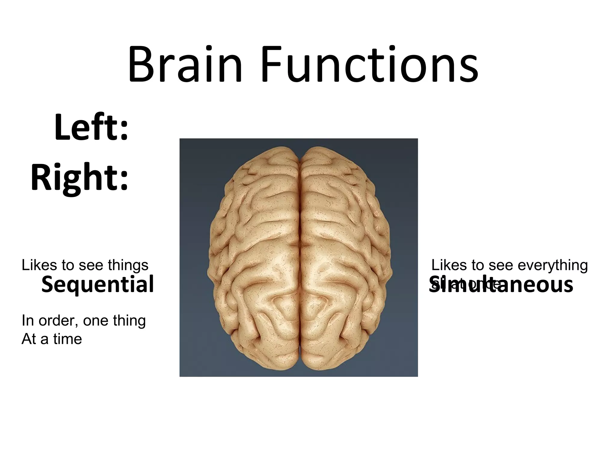 Left:
Right:
Sequential Simultaneous
Brain Functions
Likes to see things
In order, one thing
At a time
Likes to see everything
all at once
 
