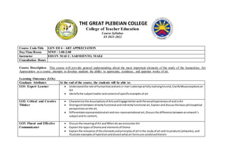 THE GREAT PLEBEIAN COLLEGE
College of Teacher Education
Course Syllabus
SY 2021-2022
Course Code/Title GEN ED 6 - ART APPRECIATION
Day/Time/Room MWF / 1:00-2:00
Instructor EDLYN MAE C. SARMIENTO, MAEd
Consultation Hours
Course Description: This course will provide general understanding about the most important elements of the study of the humanities. Art
Appreciation as a course, attempts to develop students the ability to appreciate, scrutinize, and appraise works of art.
Learning Outcomes (LOs)
Graduate Attributes At the end of the course, the students will be able to:
LO1: Expert Learner  Understandthe role of humanitiesandartsin man’sattemptatfullyrealizinghisend,ClarifyMisconceptionson
Art
 identifythe subjectmatterand contentof specificexamplesof art
LO2: Critical and Creative
Thinker
 Characterize the Assumptionsof ArtsandEngage betterwithPersonalExperiencesof andinArt
 Distinguishbetweendirectlyfunctional andindirectlyfunctional art,Explainand discussthe basicphilosophical
perspectivesonthe art,
 Differentiaterepresentationalartandnon-representational art,Discussthe difference betweenanartwork’s
subjectandits content,
LO3: Fluent and Effective
Communicator
 Discussthe meaningof Art andWhendo we encounterArt
 Explainthe typesof Dramaand elementsof Drama
 Explainthe relevance of the elementsandprinciplesof artinthe studyof art and itsproducts(artworks),and
Illustrate examplesof hybridartanddissectwhatart formsare combinedtherein
 