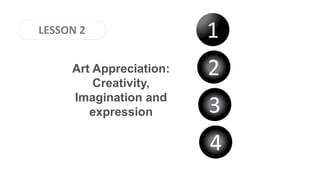 LESSON 2
Art Appreciation:
Creativity,
Imagination and
expression
1
2
3
4
 