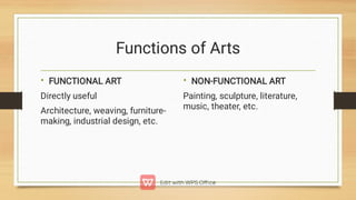 Functions of Arts
• FUNCTIONAL ART
Directly useful
Architecture, weaving, furniture-
making, industrial design, etc.
• NON-FUNCTIONAL ART
Painting, sculpture, literature,
music, theater, etc.
 