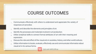COURSE OUTCOMES
1.
2.
3.
4.
5.
6.
Communicate effectively with others to understand and appreciate the variety of
responses art provokes
Identify and describe the elements and principles of art.
Identify the processes and materials involved in art production.
Utilize analytical skills to connect formal attributes of art with their meaning and
expression.
Discuss the role and effect of the visual arts in societies, history, and other world cultures.
Utilize information to locate, evaluate, effectively use and communicate information about
visual art in its various forms.
 