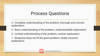 Process Questions
4 - Complete understanding of the problem, thorough and concise
explanation
3 - Basic understanding of the problem, understandable explanation
2 - Limited understanding of the problem, unclear explanation
1 - Response does not ﬁt the given problem, totally incorrect
explanation
 