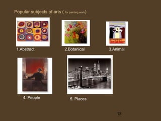Popular subjects of arts ( for painting work)

1.Abstract

4. People

2.Botanical

3.Animal

5. Places

13

 