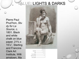 VALUE: LIGHTS & DARKS

Pierre Paul
Prud‟hon, Stu
dy for La
Source, c.
1801. Black
and white
chalk on blue
paper, 21¾ x
15¼”. Sterling
and Francine
Clark Art
Institute, Willi
amstown, Ma

 