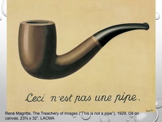 René Magritte, The Treachery of Images (“This is not a pipe”), 1929. Oil on
canvas, 23¾ x 32”. LACMA

 