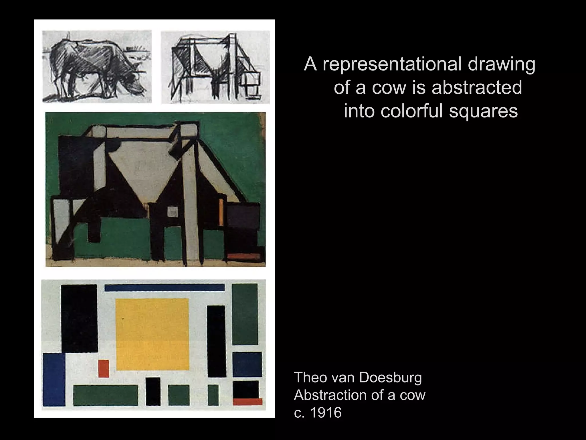 A representational drawing of a cow is abstracted  into colorful squares Theo van Doesburg Abstraction of a cow c. 1916 