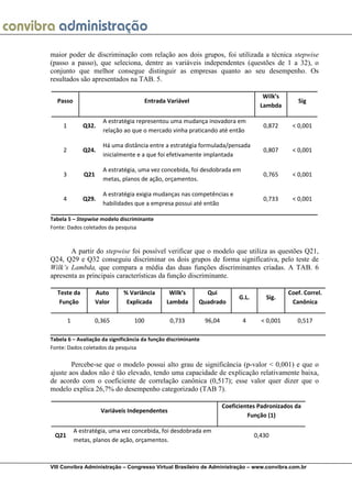 maior poder de discriminação com relação aos dois grupos, foi utilizada a técnica stepwise
(passo a passo), que seleciona, dentre as variáveis independentes (questões de 1 a 32), o
conjunto que melhor consegue distinguir as empresas quanto ao seu desempenho. Os
resultados são apresentados na TAB. 5.

                                                                                        Wilk’s
  Passo                                  Entrada Variável                                           Sig
                                                                                       Lambda

                        A estratégia representou uma mudança inovadora em
     1          Q32.                                                                    0,872     < 0,001
                        relação ao que o mercado vinha praticando até então

                        Há uma distância entre a estratégia formulada/pensada
     2          Q24.                                                                    0,807     < 0,001
                        inicialmente e a que foi efetivamente implantada

                        A estratégia, uma vez concebida, foi desdobrada em
     3          Q21                                                                     0,765     < 0,001
                        metas, planos de ação, orçamentos.

                        A estratégia exigia mudanças nas competências e
     4          Q29.                                                                    0,733     < 0,001
                        habilidades que a empresa possui até então

Tabela 5 – Stepwise modelo discriminante
Fonte: Dados coletados da pesquisa



       A partir do stepwise foi possível verificar que o modelo que utiliza as questões Q21,
Q24, Q29 e Q32 conseguiu discriminar os dois grupos de forma significativa, pelo teste de
Wilk’s Lambda, que compara a média das duas funções discriminantes criadas. A TAB. 6
apresenta as principais características da função discriminante.

  Teste da            Auto     % Variância       Wilk’s       Qui                                Coef. Correl.
                                                                              G.L.       Sig.
   Função             Valor     Explicada       Lambda      Quadrado                              Canônica

         1          0,365          100            0,733         96,04          4       < 0,001      0,517

Tabela 6 – Avaliação da significância da função discriminante
Fonte: Dados coletados da pesquisa

        Percebe-se que o modelo possui alto grau de significância (p-valor < 0,001) e que o
ajuste aos dados não é tão elevado, tendo uma capacidade de explicação relativamente baixa,
de acordo com o coeficiente de correlação canônica (0,517); esse valor quer dizer que o
modelo explica 26,7% do desempenho categorizado (TAB 7).

                                                                        Coeficientes Padronizados da
                       Variáveis Independentes
                                                                                 Função (1)

             A estratégia, uma vez concebida, foi desdobrada em
 Q21                                                                                 0,430
             metas, planos de ação, orçamentos.



VIII Convibra Administração – Congresso Virtual Brasileiro de Administração – www.convibra.com.br
 