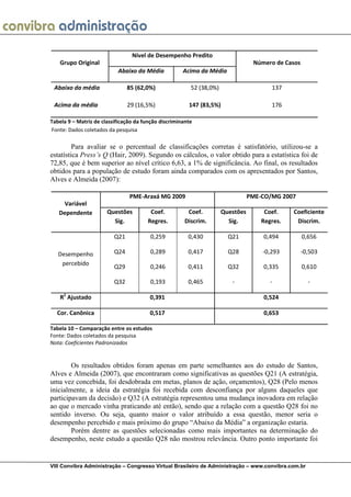 Nível de Desempenho Predito
   Grupo Original                                                                 Número de Casos
                           Abaixo da Média            Acima da Média

 Abaixo da média                85 (62,0%)               52 (38,0%)                     137

 Acima da média                 29 (16,5%)              147 (83,5%)                     176

Tabela 9 – Matriz de classificação da função discriminante
Fonte: Dados coletados da pesquisa

         Para avaliar se o percentual de classificações corretas é satisfatório, utilizou-se a
estatística Press’s Q (Hair, 2009). Segundo os cálculos, o valor obtido para a estatística foi de
72,85, que é bem superior ao nível crítico 6,63, a 1% de significância. Ao final, os resultados
obtidos para a população de estudo foram ainda comparados com os apresentados por Santos,
Alves e Almeida (2007):

                                PME-Araxá MG 2009                                PME-CO/MG 2007
    Variável
   Dependente          Questões         Coef.           Coef.         Questões        Coef.    Coeficiente
                         Sig.          Regres.         Discrim.         Sig.         Regres.    Discrim.

                          Q21            0,259          0,430           Q21          0,494          0,656

   Desempenho             Q24            0,289          0,417           Q28          -0,293         -0,503
    percebido
                          Q29            0,246          0,411           Q32          0,335          0,610

                          Q32            0,193          0,465            -              -             -

    R2 Ajustado                         0,391                                        0,524

  Cor. Canônica                         0,517                                        0,653

Tabela 10 – Comparação entre os estudos
Fonte: Dados coletados da pesquisa
Nota: Coeficientes Padronizados


        Os resultados obtidos foram apenas em parte semelhantes aos do estudo de Santos,
Alves e Almeida (2007), que encontraram como significativas as questões Q21 (A estratégia,
uma vez concebida, foi desdobrada em metas, planos de ação, orçamentos), Q28 (Pelo menos
inicialmente, a ideia da estratégia foi recebida com desconfiança por alguns daqueles que
participavam da decisão) e Q32 (A estratégia representou uma mudança inovadora em relação
ao que o mercado vinha praticando até então), sendo que a relação com a questão Q28 foi no
sentido inverso. Ou seja, quanto maior o valor atribuído a essa questão, menor seria o
desempenho percebido e mais próximo do grupo “Abaixo da Média” a organização estaria.
        Porém dentre as questões selecionadas como mais importantes na determinação do
desempenho, neste estudo a questão Q28 não mostrou relevância. Outro ponto importante foi


VIII Convibra Administração – Congresso Virtual Brasileiro de Administração – www.convibra.com.br
 