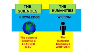 THE
SCIENCES
THE
HUMANITIES
KNOWLEDGE WISDOM
The scientist
becomes a
LEARNED
MAN.
The
humanist
becomes a
WISE MAN.
1
7
 