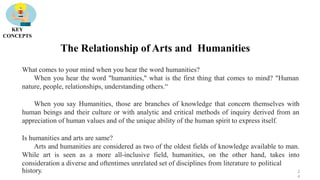 The Relationship of Arts and Humanities
What comes to your mind when you hear the word humanities?
When you hear the word "humanities," what is the first thing that comes to mind? "Human
nature, people, relationships, understanding others.“
When you say Humanities, those are branches of knowledge that concern themselves with
human beings and their culture or with analytic and critical methods of inquiry derived from an
appreciation of human values and of the unique ability of the human spirit to express itself.
Is humanities and arts are same?
Arts and humanities are considered as two of the oldest fields of knowledge available to man.
While art is seen as a more all-inclusive field, humanities, on the other hand, takes into
consideration a diverse and oftentimes unrelated set of disciplines from literature to political
history.
KEY
CONCEPTS
2
4
 