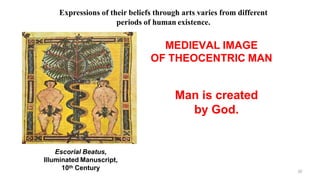 MEDIEVAL IMAGE
OF THEOCENTRIC MAN
Man is created
by God.
Escorial Beatus,
Illuminated Manuscript,
10th Century 30
Expressions of their beliefs through arts varies from different
periods of human existence.
 