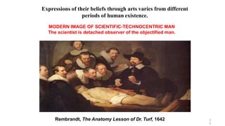 Rembrandt, The Anatomy Lesson of Dr. Turf, 1642
MODERN IMAGE OF SCIENTIFIC-TECHNOCENTRIC MAN
The scientist is detached observer of the objectified man.
3
5
Expressions of their beliefs through arts varies from different
periods of human existence.
 