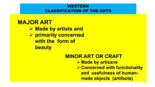 MAJOR ART
 Made by artists and
 primarily concerned
with the form of
beauty
WESTERN
CLASSIFICATION OF THE ARTS
41
MINOR ART OR CRAFT
 Made by artisans
 Concerned with functionality
and usefulness of human-
made objects (artifacts)
 
