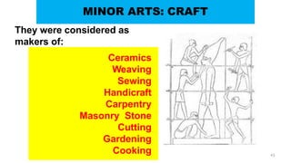 Ceramics
Weaving
Sewing
Handicraft
Carpentry
Masonry Stone
Cutting
Gardening
Cooking
MINOR ARTS: CRAFT
They were considered as
makers of:
43
 