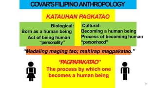 Biological:
Born as a human being
Act of being human
“personality”
Cultural:
Becoming a human being
Process of becoming human
“personhood”
KATAUHAN PAGKATAO
“Madaling maging tao; mahirap magpakatao.”
“P
AGP
AP
AKA
T
AO”
The process by which one
becomes a human being
COVAR’SFILIPINOANTHROPOLOGY
49
 