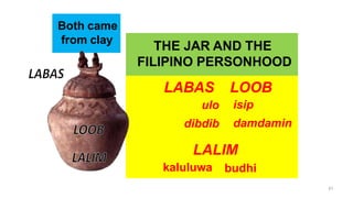 THE JAR AND THE
FILIPINO PERSONHOOD
LABAS
ulo
dibdib
LOOB
isip
damdamin
LALIM
kaluluwa budhi
Both came
from clay
51
 