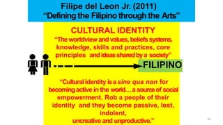 .
Filipe del Leon Jr. (2011)
“Definingthe Filipino throughthe Arts”
CULTURAL IDENTITY
“Theworldview andvalues,beliefssystems,
knowledge, skills and practices, core
principles andideassharedbya society”
FILIPINO
“Culturalidentity isa sine qua non for
becomingactive in the world…a sourceof social
empowerment. Rob a people of their
identity and they become passive, lost,
indolent,
uncreative and unproductive.” 56
 