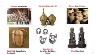 Torogan, Maranao Art Maranao Brassware Art Burnay Jars of Ilocos
PASIKING, Ifugao Native
Backpack
Ling Ling O,
Art of the Cordillera
Group 75
Bulul, Igorot Art
 