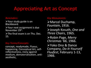 Appreciating Art as Concept ,[object Object],[object Object],[object Object],[object Object],[object Object],[object Object],[object Object],[object Object],[object Object],[object Object],[object Object]