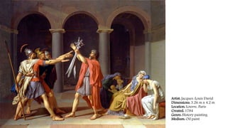 Artist: Jacques-Louis David
Dimensions: 3.26 m x 4.2 m
Location: Louvre, Paris
Created: 1784
Genre: History painting
Medium: Oil paint
 