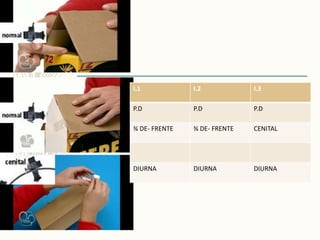 I.1 I.2 I.3
P.D P.D P.D
¾ DE- FRENTE ¾ DE- FRENTE CENITAL
DIURNA DIURNA DIURNA
 