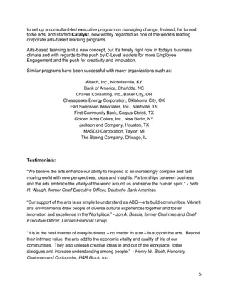 to set up a consultant-led executive program on managing change. Instead, he turned
tothe arts, and started Catalyst, now widely regarded as one of the world’s leading
corporate arts-based learning programs.

Arts-based learning isn’t a new concept, but it’s timely right now in today’s business
climate and with regards to the push by C-Level leaders for more Employee
Engagement and the push for creativity and innovation.

Similar programs have been successful with many organizations such as:

                               Alltech, Inc., Nicholasville, KY
                              Bank of America, Charlotte, NC
                         Chaves Consulting, Inc., Baker City, OR
                    Chesapeake Energy Corporation, Oklahoma City, OK
                       Earl Swensson Associates, Inc., Nashville, TN
                        First Community Bank, Corpus Christi, TX
                         Golden Artist Colors, Inc., New Berlin, NY
                            Jackson and Company, Houston, TX
                              MASCO Corporation, Taylor, MI
                             The Boeing Company, Chicago, IL




Testimonials:

"We believe the arts enhance our ability to respond to an increasingly complex and fast
moving world with new perspectives, ideas and insights. Partnerships between business
and the arts embrace the vitality of the world around us and serve the human spirit." - Seth
H. Waugh, former Chief Executive Officer, Deutsche Bank Americas

―Our support of the arts is as simple to understand as ABC—arts build communities. Vibrant
arts environments draw people of diverse cultural experiences together and foster
innovation and excellence in the Workplace.‖ - Jon A. Boscia, former Chairman and Chief
Executive Officer, Lincoln Financial Group

―It is in the best interest of every business – no matter its size – to support the arts. Beyond
their intrinsic value, the arts add to the economic vitality and quality of life of our
communities. They also unleash creative ideas in and out of the workplace, foster
dialogues and increase understanding among people.‖ - Henry W. Bloch, Honorary
Chairman and Co-founder, H&R Block, Inc.


                                                                                               5
 