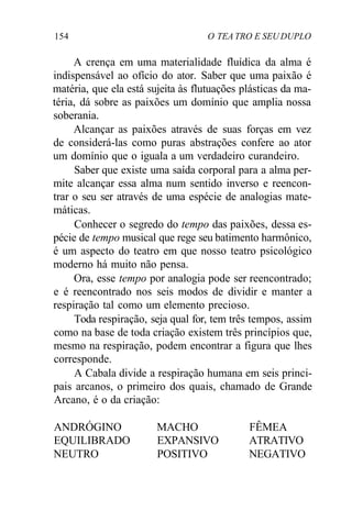 154 O TEA TRO E SEU DUPLO
A crença em uma materialidade fluídica da alma é
indispensável ao ofício do ator. Saber que uma paixão é
matéria, que ela está sujeita às flutuações plásticas da ma-
téria, dá sobre as paixões um domínio que amplia nossa
soberania.
Alcançar as paixões através de suas forças em vez
de considerá-las como puras abstrações confere ao ator
um domínio que o iguala a um verdadeiro curandeiro.
Saber que existe uma saída corporal para a alma per-
mite alcançar essa alma num sentido inverso e reencon-
trar o seu ser através de uma espécie de analogias mate-
máticas.
Conhecer o segredo do tempo das paixões, dessa es-
pécie de tempo musical que rege seu batimento harmônico,
é um aspecto do teatro em que nosso teatro psicológico
moderno há muito não pensa.
Ora, esse tempo por analogia pode ser reencontrado;
e é reencontrado nos seis modos de dividir e manter a
respiração tal como um elemento precioso.
Toda respiração, seja qual for, tem três tempos, assim
como na base de toda criação existem três princípios que,
mesmo na respiração, podem encontrar a figura que lhes
corresponde.
A Cabala divide a respiração humana em seis princi-
pais arcanos, o primeiro dos quais, chamado de Grande
Arcano, é o da criação:
ANDRÓGINO MACHO FÊMEA
EQUILIBRADO EXPANSIVO ATRATIVO
NEUTRO POSITIVO NEGATIVO
 