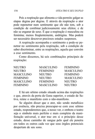 156 OTEA TRO E SEU DUPLO
Pois a respiração que alimenta a vida permite galgar as
etapas degrau por degrau. E através da respiração o ator
pode repenetrar num sentimento que ele não tem, sob a
condição de combinar judiciosamente seus efeitos; e de
não se enganar de sexo. É que a respiração é masculina ou
feminina; menos freqüentemente, andrógina. Mas poderá
ser necessário descrever preciosos estados suspensos.
A respiração acompanha o sentimento e pode-se pe-
netrar no sentimento pela respiração, sob a condição de
saber discriminar, entre as respirações, aquela que convém
a esse sentimento.
Como dissemos, há seis combinações principais de
respiração:
NEUTRO MASCULINO FEMININO
NEUTRO FEMININO MASCULINO
MASCULINO NEUTRO FEMININO
FEMININO NEUTRO MASCULINO
MASCULINO FEMININO NEUTRO
FEMININO MASCULINO NEUTRO
E há um sétimo estado situado acima das respirações
e que, através da porta da Guna superior, o estado de Sa-
tiva, reúne o manifesto com o não-manifesto.
Se alguém disser que o ator, não sendo metafísico
por essência, não precisa preocupar-se com esse sétimo
estado, responderemos que, a nosso ver, e embora o teatro
seja o símbolo mais perfeito e mais completo da mani-
festação universal, o ator traz em si o princípio desse
estado, desse caminho de sangue pelo qual ele penetra
em todos os outros cada vez que seus órgãos potenciais
despertam de seu sono.
 