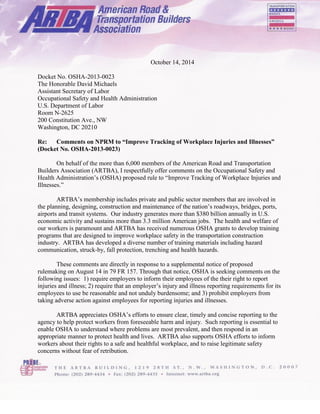 October 14, 2014 
Docket No. OSHA-2013-0023 
The Honorable David Michaels 
Assistant Secretary of Labor 
Occupational Safe...