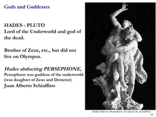Gods and Goddesses


HADES - PLUTO
Lord of the Underworld and god of
the dead.

Brother of Zeus, etc., but did not
live on Olympus.

Hades abducting PERSEPHONE,
Persephone was goddess of the underworld
(was daughter of Zeus and Demeter)
Juan Alberto Schiaffino




                                           19
 
