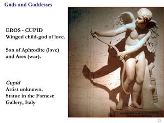 Gods and Goddesses



EROS - CUPID
Winged child-god of love.

Son of Aphrodite (love)
and Ares (war).



Cupid
Artist unknown.
Statue in the Farnese
Gallery, Italy


                            21
 