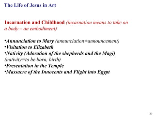 The Life of Jesus in Art


Incarnation and Childhood (incarnation means to take on
a body – an embodiment)

•Annunciation to Mary (annunciation=announcement)
•Visitation to Elizabeth
•Nativity (Adoration of the shepherds and the Magi)
(nativity=to be born, birth)
•Presentation in the Temple
•Massacre of the Innocents and Flight into Egypt




                                                          30
 