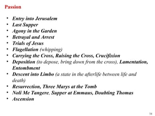 Passion

•   Entry into Jerusalem
•   Last Supper
•   Agony in the Garden
•   Betrayal and Arrest
•   Trials of Jesus
•   Flagellation (whipping)
•   Carrying the Cross, Raising the Cross, Crucifixion
•   Deposition (to depose, bring down from the cross), Lamentation,
    Entombment
•   Descent into Limbo (a state in the afterlife between life and
    death)
•   Resurrection, Three Marys at the Tomb
•   Noli Me Tangere, Supper at Emmaus, Doubting Thomas
•   Ascension

                                                                      54
 