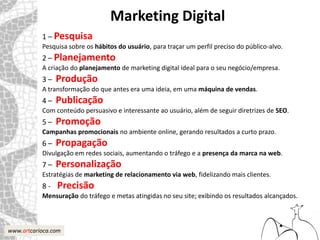 Marketing Digital
           1 – Pesquisa
           Pesquisa sobre os hábitos do usuário, para traçar um perfil preciso do público-alvo.
           2 – Planejamento
           A criação do planejamento de marketing digital ideal para o seu negócio/empresa.
           3–   Produção
           A transformação do que antes era uma ideia, em uma máquina de vendas.
           4–   Publicação
           Com conteúdo persuasivo e interessante ao usuário, além de seguir diretrizes de SEO.
           5–   Promoção
           Campanhas promocionais no ambiente online, gerando resultados a curto prazo.
           6–   Propagação
           Divulgação em redes sociais, aumentando o tráfego e a presença da marca na web.
           7–   Personalização
           Estratégias de marketing de relacionamento via web, fidelizando mais clientes.
           8-   Precisão
           Mensuração do tráfego e metas atingidas no seu site; exibindo os resultados alcançados.



www.artcarioca.com
 