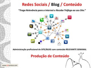 Redes Sociais / Blog / Conteúdo
                     “Traga Relevância para a Internet e Receba Tráfego ao seu Site.”




            Administração profissional do SITE/BLOG com conteúdo RELEVANTE SEMANAL


                                Produção de Conteúdo

www.artcarioca.com
 