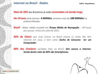 Internet no Brasil - Dados                                  FONTE : Ibope/Nielsen




            Mais de 50% dos Brasileiros já estão conectados via banda larga,

            Ha 10 anos atrás éramos 4 Milhões, seremos mais de 100 Milhões na
                     próxima Década.

            Brasil - Maior média mundial em Tempo Médio de Navegação - 69 horas
                     por pessoa (mês) em julho de 2011.

            60% da Classe que mais Cresce no Brasil (classe C) ainda não têm
                     internet em casa, e tem como Sonho de Consumo             ter um
                     Computador.

            80% dos Celulares vendidos hoje no Brasil, têm acesso a Internet.
                     Sendo destes mais de 60% são Smartphones.




www.artcarioca.com
 