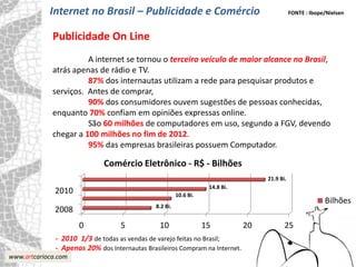 Internet no Brasil – Publicidade e Comércio                                        FONTE : Ibope/Nielsen



             Publicidade On Line
                       A internet se tornou o terceiro veículo de maior alcance no Brasil,
             atrás apenas de rádio e TV.
                       87% dos internautas utilizam a rede para pesquisar produtos e
             serviços. Antes de comprar,
                       90% dos consumidores ouvem sugestões de pessoas conhecidas,
             enquanto 70% confiam em opiniões expressas online.
                       São 60 milhões de computadores em uso, segundo a FGV, devendo
             chegar a 100 milhões no fim de 2012.
                       95% das empresas brasileiras possuem Computador.

                             Comércio Eletrônico - R$ - Bilhões
                                                                                    21.9 Bi.
                                                                    14.8 Bi.
              2010                                      10.6 Bi.
                                                                                                            Bilhões
                                              8.2 Bi.
              2008
                     0             5            10                 15          20          25
              - 2010 1/3 de todas as vendas de varejo feitas no Brasil;
              - Apenas 20% dos Internautas Brasileiros Compram na Internet.
www.artcarioca.com
 