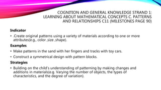 COGNITION AND GENERAL KNOWLEDGE STRAND 1:
LEARNING ABOUT MATHEMATICAL CONCEPTS C. PATTERNS
AND RELATIONSHIPS C11 (MILESTONES PAGE 90)
Indicator
• .Create original patterns using a variety of materials according to one or more
attributes(e.g., color ,size ,shape).
Examples
• Make patterns in the sand with her fingers and tracks with toy cars.
• Construct a symmetrical design with pattern blocks.
Strategies
• Building on the child’s understanding of patterning by making changes and
additions in materials(e.g. Varying the number of objects, the types of
characteristics, and the degree of variation).
 