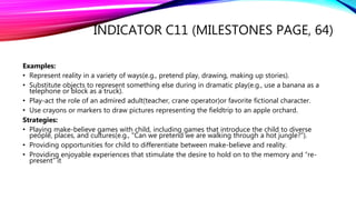 INDICATOR C11 (MILESTONES PAGE, 64)
Examples:
• Represent reality in a variety of ways(e.g., pretend play, drawing, making up stories).
• Substitute objects to represent something else during in dramatic play(e.g., use a banana as a
telephone or block as a truck).
• Play-act the role of an admired adult(teacher, crane operator)or favorite fictional character.
• Use crayons or markers to draw pictures representing the fieldtrip to an apple orchard.
Strategies:
• Playing make-believe games with child, including games that introduce the child to diverse
people, places, and cultures(e.g., "Can we pretend we are walking through a hot jungle?”).
• Providing opportunities for child to differentiate between make-believe and reality.
• Providing enjoyable experiences that stimulate the desire to hold on to the memory and “re-
present” it
 