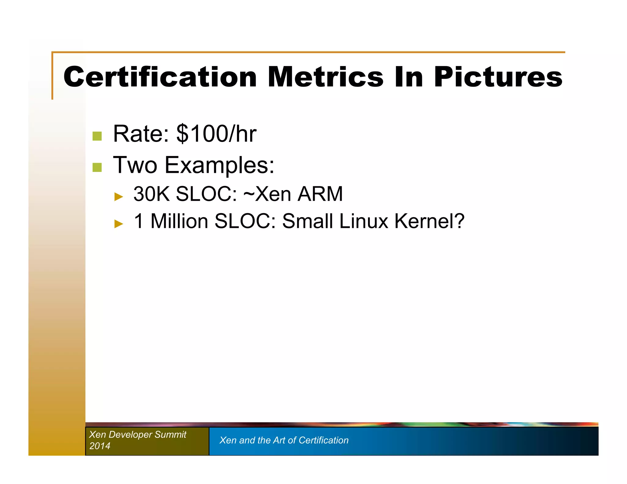 Certification Metrics In Pictures 
 Rate: $100/hr 
 Two Examples: 
► 30K SLOC: ~Xen ARM 
► 1 Million SLOC: Small Linux Kernel? 
Xen Developer Summit Xen and the Art of Certification 
2014 
 