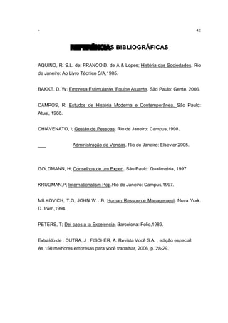 - 42
REFERÊNCIAS BIBLIOGRÁFICAS
AQUINO, R. S.L. de; FRANCO,D. de A & Lopes; História das Sociedades. Rio
de Janeiro: Ao Livro Técnico S/A,1985.
BAKKE, D. W; Empresa Estimulante, Equipe Atuante. São Paulo: Gente, 2006.
CAMPOS, R; Estudos de História Moderna e Contemporânea. São Paulo:
Atual, 1988.
CHIAVENATO, I; Gestão de Pessoas. Rio de Janeiro: Campus,1998.
___ Administração de Vendas. Rio de Janeiro: Elsevier,2005.
GOLDMANN, H; Conselhos de um Expert. São Paulo: Qualimetria, 1997.
KRUGMAN,P; Internationalism Pop.Rio de Janeiro: Campus,1997.
MILKOVICH, T.G; JOHN W . B; Human Ressource Management. Nova York:
D. Irwin,1994.
PETERS, T; Del caos a la Excelencia, Barcelona: Folio,1989.
Extraído de : DUTRA, J ; FISCHER, A. Revista Você S.A. , edição especial,
As 150 melhores empresas para você trabalhar, 2006, p. 28-29.
 