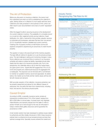 The Art of Protection                                                      Industry Trends:
Before any discussion on insuring a collection, the owner must
                                                                           Recognizing Key Title Risks for Art
ﬁrst understand just what is at risk by establishing the collection’s       Category of title risk     Examples
value. Setting values on a collection is much easier said than done.        Historical Theft            WWII: “The Bounty Hunters” in The
Collections are rarely amassed in short periods of time, which can                                     Wall Street Journal 03/07
                                                                                                        WWII: “Untouched by Nazi Hands” in
often result in poor documentation and a lack of current “appraised”                                   The Wall Street Journal 02/08
values.
                                                                            Contemporary Theft          “Stolen Rockwell Found in Spielberg
                                                                                                       Collection” in MSNBC 03/07
Often the biggest hurdle to securing insurance is the development                                       “Expert Finds Stolen $80,000
                                                                                                       Painting at Palm Beach Fair” in Sun
of a current collection inventory. The availability of a complete record
                                                                                                       Sentinel 2/08
is a crucial but often neglected activity among collectors. Asset
                                                                            Lack Authority               Salander-O’Reilly Galleries Ponzi
Veriﬁcation, Inc. (AVI), a national ﬁrm that provides valuation services    to sell                    Scheme: “The Art of the Steal” in
to individuals and businesses, estimates that less than one percent                                    Conde Nast Portfolio.com 4/08
                                                                                                         Divorce or Estate Settlement
of U.S. households maintain a detailed and current inventory.
Creating a list of property involves a small fraction of time and           Government liens              Illegal export and import: “Rubens
                                                                                                       Illegally Exported to U.S.” in The Art
expense compared to experiencing an actual loss of under-insured                                       Newspaper 1//07
property.                                                                                                 WPA: “Government Seizes Works
                                                                                                       Made by ‘New Deal’ Artists” in The Art
                                                                                                       Newspaper 11/06
The question of value is the second part of the inventory equation.                                       Tax: “High Earners Face Surge in
The least difﬁcult method of valuation is to use the actual purchase                                   Tax Audits” in The Wall Street Journal
                                                                                                       01/08
price. The real challenge is setting and monitoring changes in value.
Some collectors are concerned that an inventory or an insurance             Contemporary                   Right of First Refusal Clause Liens
                                                                            bill of sale
schedule will create an estate tax liability. Appraisals should state
                                                                            Classic liens               “Samsung Accused of $64 Million
clearly that the value is for insurance purposes only. From a tax                                      Art Fraud” in The Art Newspaper
perspective, the collectible value is set at what the market bears                                     01/08
at a given point in time. Experts like AVI suggest that 75% of U.S.        Source: ARIS Corporation 2008

home and property are underinsured because the aggregate limit
is inadequate. This exposure can be removed with a commitment
to maintain an updated inventory record and appraisals. As stated
                                                                           Addressing title risks
before, the market can be ﬁckle and fair market values will rise and
fall with interest and demand.                                              Summary of ATPI          Examples
                                                                            Coverage                   Indemniﬁes full value (appraisal or
                                                                                                     sales price)
With accurate valuation of the collection, insurance protection can
                                                                                                       Plus defense costs outside of limit of
be properly researched and placed for two different classes of                                       liability
exposures: ﬁrst, the perils that stem from market forces, including                                    Automatically covers insured's heirs
                                                                                                     at law
fraud, and second, the obvious physical perils.
                                                                            Risk categories           Historical and contemporary theft
                                                                                                      Illegal export or import
Caveat Emptor                                                                                         Traditional liens and encumbrances
                                                                                                      Lack of legal authority to sell
According to ARIS, a specialty insurance carrier, private art               Types of policies         Owner’s policy: in possession; time
transactions constitute about 75% of the market, ranging from                                        of sale
$25 to $30 billion in annual sales. A private buyer may negotiate                                     Lender’s policy: stand alone;
                                                                                                     endorsement
indemniﬁcation and warranty clauses from the seller in order to
                                                                            Premium                   One-time price at policy inception
protect himself, but is that enough for the new art enthusiast in
                                                                            Payments                  Rates ranges from 2% to 6% on
today’s market where gallery resources cannot guarantee the                                          average
provenance or title?                                                                                  No deductible standard form
                                                                            Policy Exclusions         Consistent with real estate exclusions
                                                                                                      Afﬁrmative misrepresentation
A risk transfer solution has been developed to address issues related
                                                                                                      What happens after date of policy
to authenticity and title. Initially introduced in 2004, these insurance                              “Tell us what you know”
policies had a cumbersome annual renewal process and less than                                        Not contingent on what “should have
                                                                                                     known”
optimal coverage limits. Specialty insurers entered the market and
                                                                           Source: ARIS Corporation 2008



                                                                                                                                                 7
 