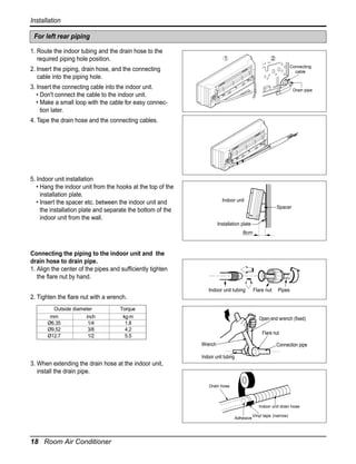 Installation
For left rear piping
1. Route the indoor tubing and the drain hose to the
required piping hole position.

1

2
Connecting
cable

2. Insert the piping, drain hose, and the connecting
cable into the piping hole.
3. Insert the connecting cable into the indoor unit.
• Don't connect the cable to the indoor unit.
• Make a small loop with the cable for easy connection later.

Drain pipe

4. Tape the drain hose and the connecting cables.

5. Indoor unit installation
• Hang the indoor unit from the hooks at the top of the
installation plate.
• Insert the spacer etc. between the indoor unit and
the installation plate and separate the bottom of the
indoor unit from the wall.

Indoor unit
Spacer
Installation plate
8cm

Connecting the piping to the indoor unit and the
drain hose to drain pipe.
1. Align the center of the pipes and sufficiently tighten
the flare nut by hand.
Indoor unit tubing

Flare nut

Pipes

2. Tighten the flare nut with a wrench.
Outside diameter
mm
inch
Ø6.35
1/4
Ø9.52
3/8
Ø12.7
1/2

Torque
kg.m
1.8
4.2
5.5

Open-end wrench (fixed)
Flare nut
Wrench

Connection pipe

Indoor unit tubing

3. When extending the drain hose at the indoor unit,
install the drain pipe.
Drain hose

Indoor unit drain hose
Adhesive

18 Room Air Conditioner

Vinyl tape (narrow)

 