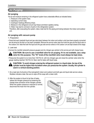 Installation

Air Purging
Air purging
The air and moisture remaining in the refrigerant system have undesirable effects as indicated below.
1. Pressure in the system rises.
2. Operating current rises.
3. Cooling(or heating) efficiency drops.
4. Moisture in the refrigerant circuit may freeze and block capillary tubing.
5. Water may lead to corrosion of parts in the refrigeration system.
Therefore, after evacuating the system, take a leak test for the piping and tubing between the indoor and outdoor
unit.

Air purging with vacuum pump
1. Preparation
• Check that each tube(both liquid and gas side tubes) between the indoor and outdoor units have been properly connected
and all wiring for the test run has been completed. Remove the service valve caps from both the gas and the liquid side on
the outdoor unit. Note that both the liquid and the gas side service valves on the outdoor unit are kept closed at this stage.
2. Leak test
• Connect the manifold valve(with pressure gauges) and dry nitrogen gas cylinder to this service port with charge hoses.

CAUTION: Be sure to use a manifold valve for air purging. If it is not available, use a stop
valve for this purpose. The "Hi" knob of the manifold valve must always be kept close.
• Pressurize the system to no more than 150 P.S.I.G. with dry nitrogen gas and close the cylinder valve when the
gauge reading reached 150 P.S.I.G. Next, test for leaks with liquid soap.

CAUTION: To avoid nitrogen entering the refrigerant system in a liquid state, the top of the
cylinder must be higher than its bottom when you pressurize the system. Usually, the cylinder is
used in a vertical standing position.
1. Do a leak test of all joints of the tubing(both indoor and outdoor) and both gas and liquid side service valves.
Bubbles indicate a leak. Be sure to wipe off the soap with a clean cloth.
2. After the system is found to be free of leaks,
relieve the nitrogen pressure by loosening the
charge hose connector at the nitrogen cylinder.
When the system pressure is reduced to normal,
disconnect the hose from the cylinder.

Indoor unit

Outdoor unit

Manifold valve
Pressure
gauge
Lo
Hi

Charge hose

Nitrogen gas
cylinder(in vertical
standing position)

26 Room Air Conditioner

 