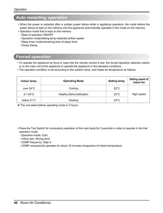 Operation

Auto restarting operation
• When the power is restarted after a sudden power failure while in appliance operation, the mode before the
power failure is kept on the memory and the appliance automatically operates in the mode on the memory.
• Operation mode that is kept on the memory
- State of operation ON/OFF
- Operation mode/setting temp./selected airflow speed
- Sleep timer mode/remaining time of sleep timer
- Chaos Swing

Forced operation
• To operate the appliance by force in case that the remote control is lost, the forced operation selection switch
is on the main unit of the appliance to operate the appliance in the standard conditions.
• The operation condition is set according to the outdoor temp. and intake air temperature as follows.

Indoor temp.

Operating Mode

Setting temp.

over 24°C

Cooling

22°C

21~24°C

Healthy Dehumidification

23°C

below 21°C

Heating

Setting speed of
indoor fan

24°C

High speed

❈ The unit select before operating mode in 3 hours.

Trial Operation
• Press the Tact Switch for compulsory operation of the main body for 3 seconds in order to operate in the trial
operation mode.
- Operation mode: Cold
- Indoor pan: Strong wind
- COMP frequency: Step 5
- COMP compulsorily operates for about 18 minutes irrespective of indoor temperature.

42 Room Air Conditioner

 