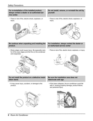 Safety Precautions
For re-installation of the installed product,
always contact a dealer or an authorized service center.
• There is risk of fire, electric shock, explosion, or
injury.

Be cautious when unpacking and installing the
product.
• Sharp edges could cause injury. Be especially careful of the case edges and the fins on the condenser
and evaporator.

Do not install the product on a defective installation stand.
• It may cause injury, accident, or damage to the
product.

6 Room Air Conditioner

Do not install, remove, or re-install the unit by
yourself.
• There is risk of fire, electric shock, explosion, or
injury.

For installation, always contact the dealer or
an Authorized service center
• There is risk of fire, electric shock, explosion, or injury.

Be sure the installation area does not
deteriorate with age.
• If the base collapses, the air conditioner could fall
with it, causing property damage, product failure,
and personal injury.

 