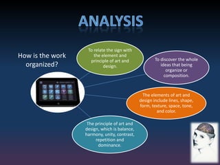 To relate the sign with
the element and
principle of art and
design.
To discover the whole
ideas that being
organize or
composition.
The elements of art and
design include lines, shape,
form, texture, space, tone,
and color.
The principle of art and
design, which is balance,
harmony, unity, contrast,
repetition and
dominance.
How is the work
organized?
 