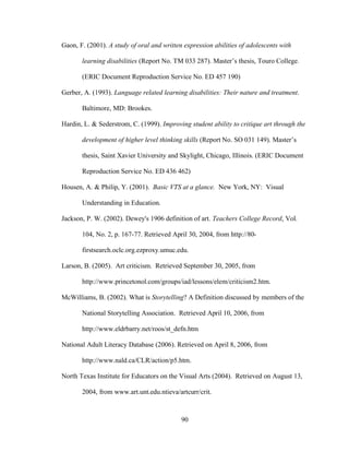 90
Gaon, F. (2001). A study of oral and written expression abilities of adolescents with
learning disabilities (Report No. TM 033 287). Master’s thesis, Touro College.
(ERIC Document Reproduction Service No. ED 457 190)
Gerber, A. (1993). Language related learning disabilities: Their nature and treatment.
Baltimore, MD: Brookes.
Hardin, L. & Sederstrom, C. (1999). Improving student ability to critique art through the
development of higher level thinking skills (Report No. SO 031 149). Master’s
thesis, Saint Xavier University and Skylight, Chicago, Illinois. (ERIC Document
Reproduction Service No. ED 436 462)
Housen, A. & Philip, Y. (2001). Basic VTS at a glance. New York, NY: Visual
Understanding in Education.
Jackson, P. W. (2002). Dewey's 1906 definition of art. Teachers College Record, Vol.
104, No. 2, p. 167-77. Retrieved April 30, 2004, from http://80-
firstsearch.oclc.org.ezproxy.umuc.edu.
Larson, B. (2005). Art criticism. Retrieved September 30, 2005, from
http://www.princetonol.com/groups/iad/lessons/elem/criticism2.htm.
McWilliams, B. (2002). What is Storytelling? A Definition discussed by members of the
National Storytelling Association. Retrieved April 10, 2006, from
http://www.eldrbarry.net/roos/st_defn.htm
National Adult Literacy Database (2006). Retrieved on April 8, 2006, from
http://www.nald.ca/CLR/action/p5.htm.
North Texas Institute for Educators on the Visual Arts (2004). Retrieved on August 13,
2004, from www.art.unt.edu.ntieva/artcurr/crit.
 